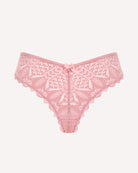 Pink lace cheeky panties with scalloped edges and small center bow