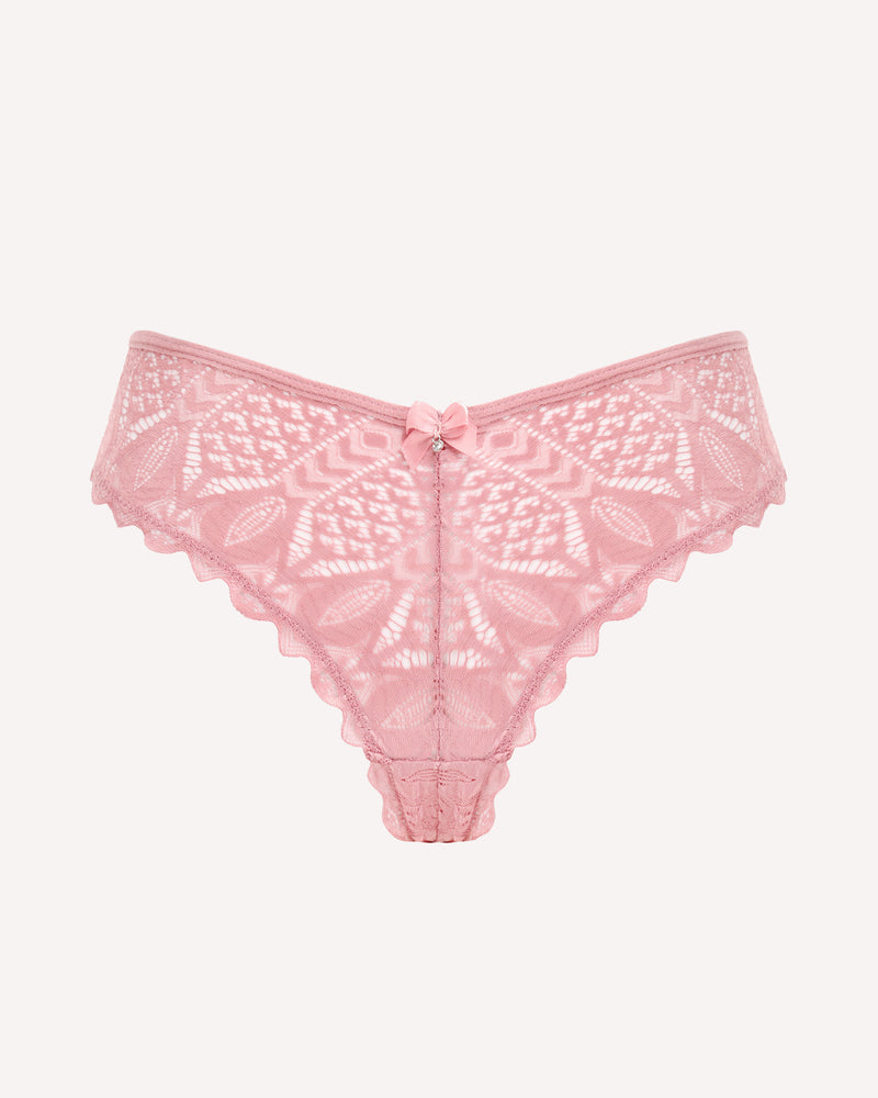 Pink lace cheeky panties with scalloped edges and small center bow
