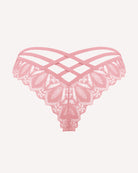 Pink lace cheeky panties with crisscross straps across the back