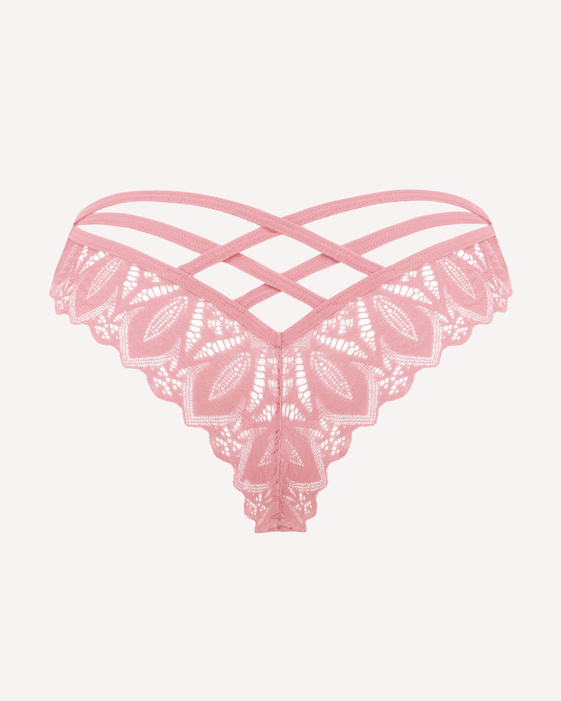 Pink lace cheeky panties with crisscross straps across the back