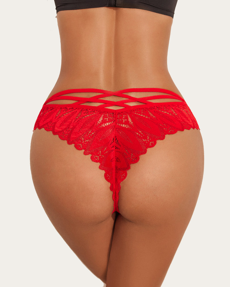 Red lace cheeky panties with criss-cross straps at waistband and scalloped hem