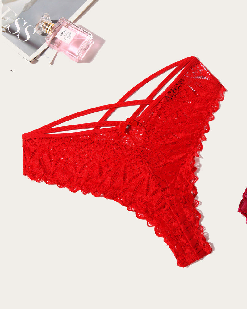 Red lace thong panties with crisscross straps and scalloped lace trim