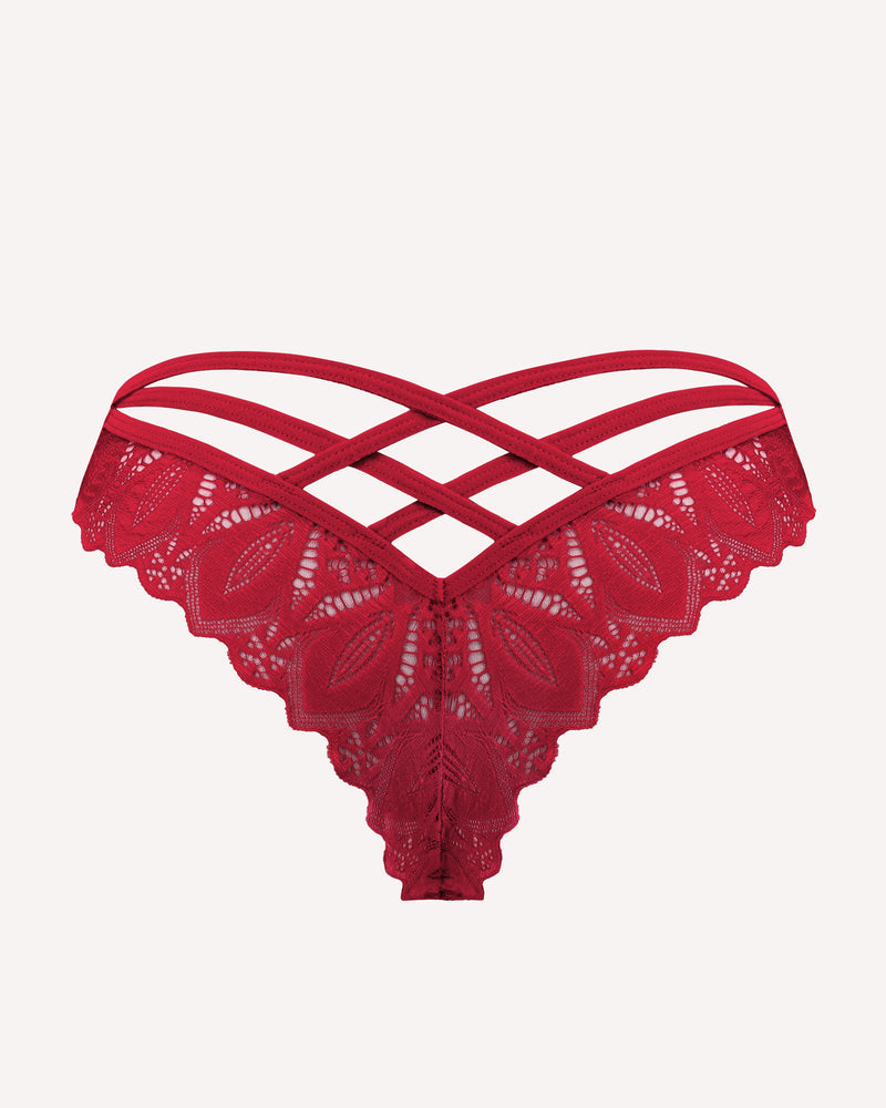 Red lace thong with criss-cross straps at the back and scalloped lace edges