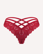 Red lace thong with criss-cross straps at the back and scalloped lace edges