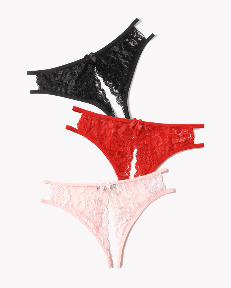 Floral lace thongs with bows, black, red, and pink