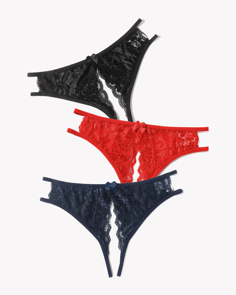 Floral lace thongs with bows, black, red, and navy