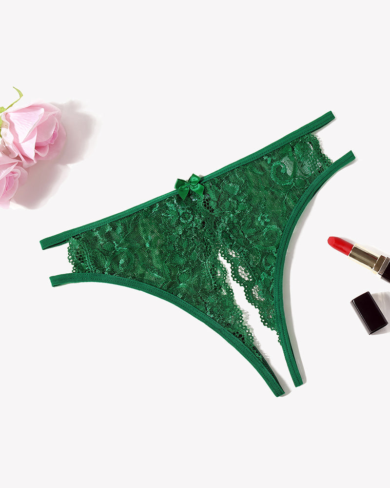 Green floral lace thong panties with front bow and scalloped lace trim