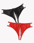 Floral lace thongs with bows, black and red