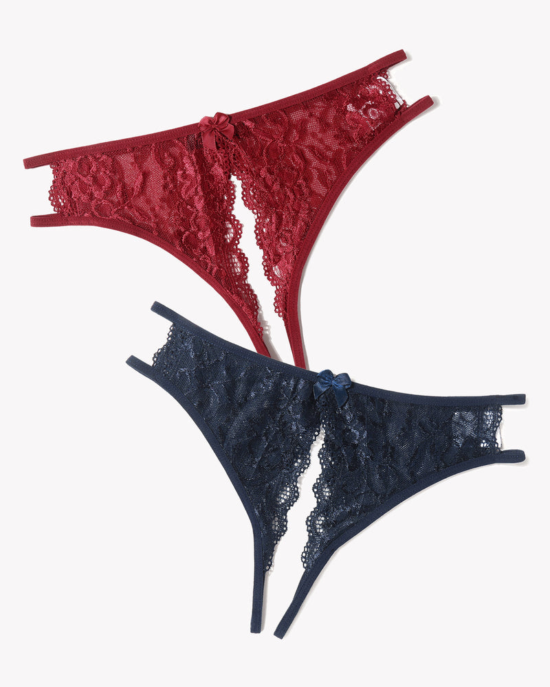 Floral lace thongs with bows, burgundy and navy
