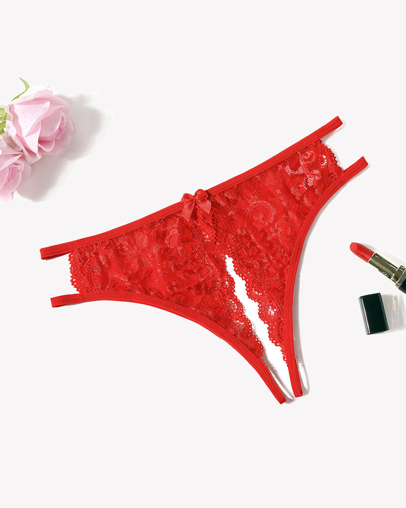 Red floral lace thong panties with front bow and scalloped edges