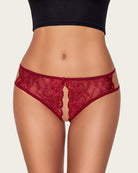 Red floral lace brief with center bow and V-cut back
