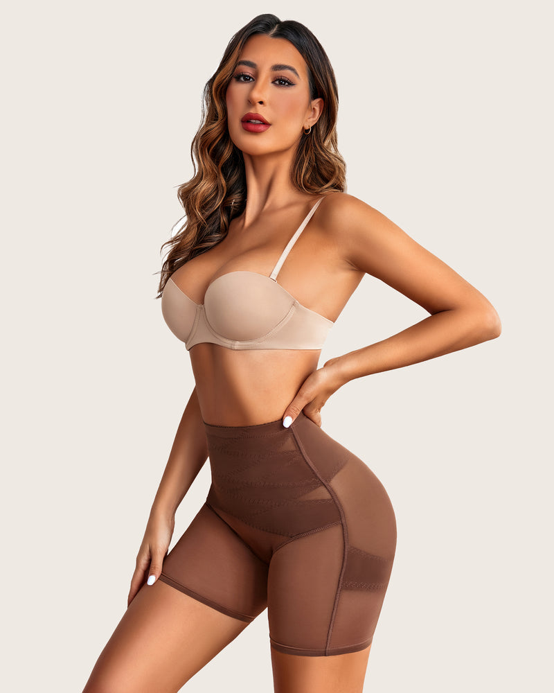 Brown high-waist tummy control shapewear shorts with butt-lifting shaping