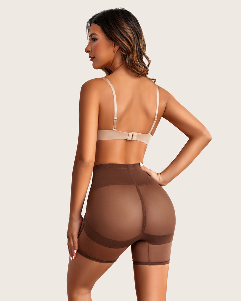 Brown shapewear shorts with sheer mesh panels and wide supportive waistband