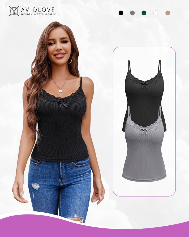 Black ribbed camisole tank top with scalloped lace trim and bow front