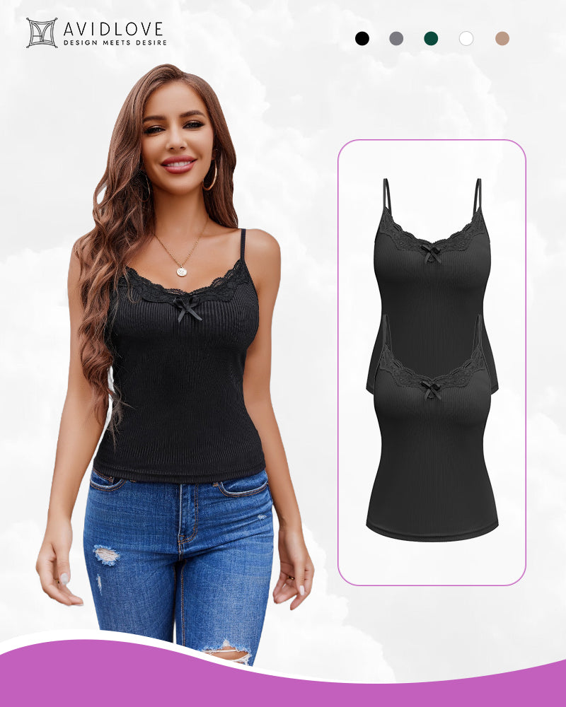 Black ribbed camisole tank top with lace trim and bow front