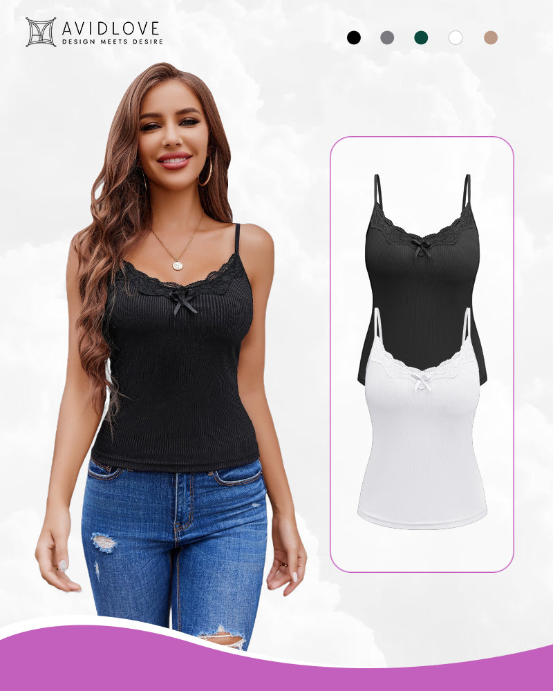 Black ribbed camisole tank top with scalloped lace trim and bow at neckline