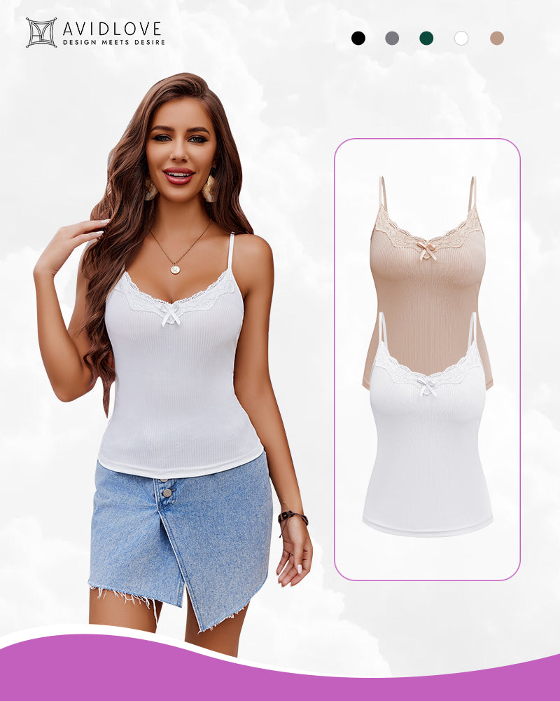 White ribbed camisole tank top with scalloped lace trim and bow at neckline