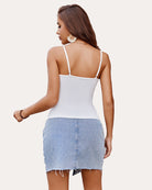 White ribbed cami tank top with adjustable straps and lace-trim back