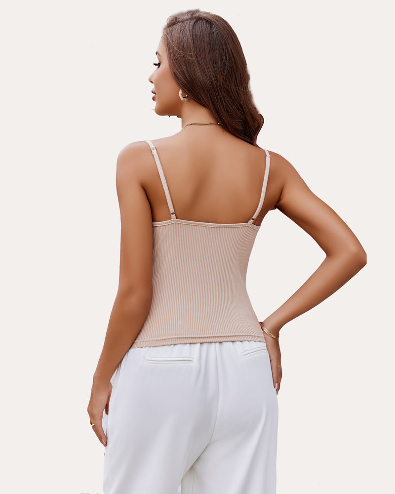 Beige ribbed camisole tank top with lace-trim back and thin shoulder straps