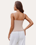 Beige ribbed camisole tank top with lace-trim back and thin shoulder straps