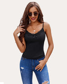 Black ribbed camisole tank with lace neckline and tie front detail