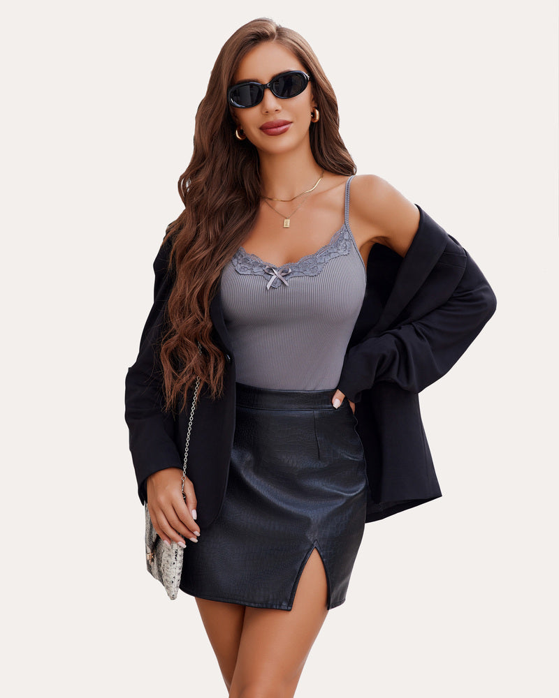 Gray ribbed tank cami with lace-trim V-neck and tie-front detail
