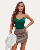 Ribbed tank cami tops (2-pack) with lace-trim scoop neckline, dark green