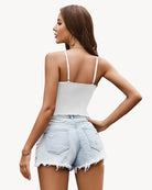 White ribbed spaghetti-strap crop top with lace trim and adjustable straps (back)