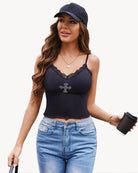 Black ribbed spaghetti-strap crop top with lace trim and adjustable straps