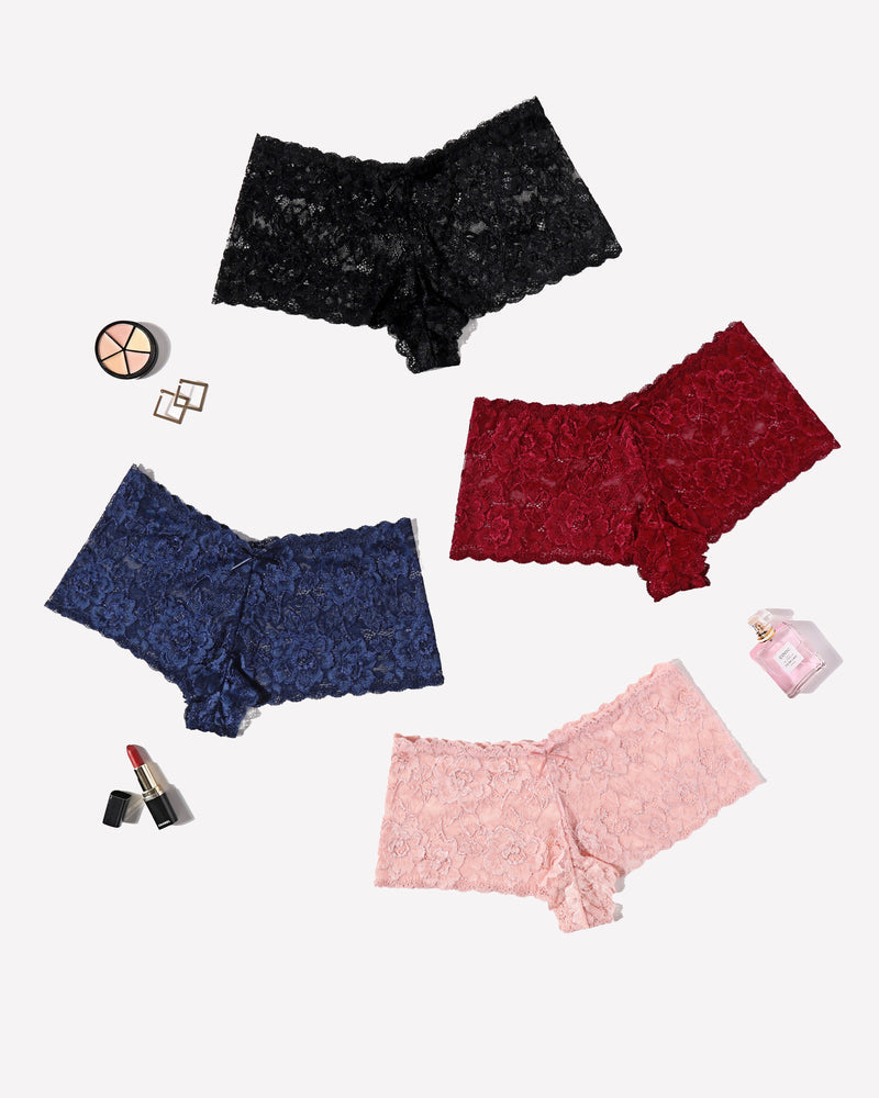 Four-pack lace mid-rise panties in black, red, blue, and pink