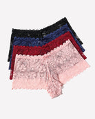 Set of lace mid-rise panties in black, burgundy, and light pink