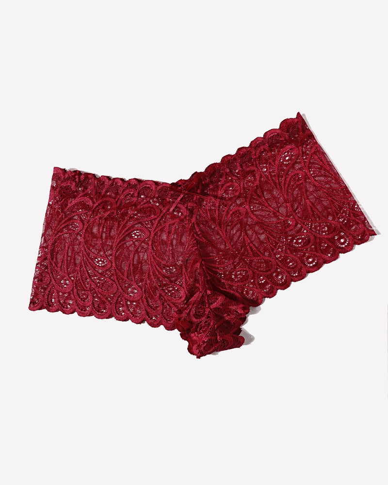 Burgundy floral lace mid-rise panties with scalloped lace trim and bow