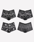 Black floral lace mid-rise panties set, four styles with scalloped edges