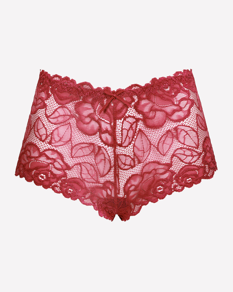 Red floral lace mid-rise panties with scalloped lace trim and center bow