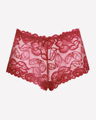 Red floral lace mid-rise panties with scalloped lace trim and center bow