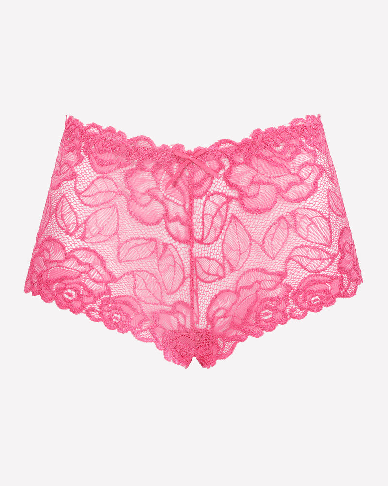 Pink floral lace mid-rise panties with scalloped lace trim and center bow