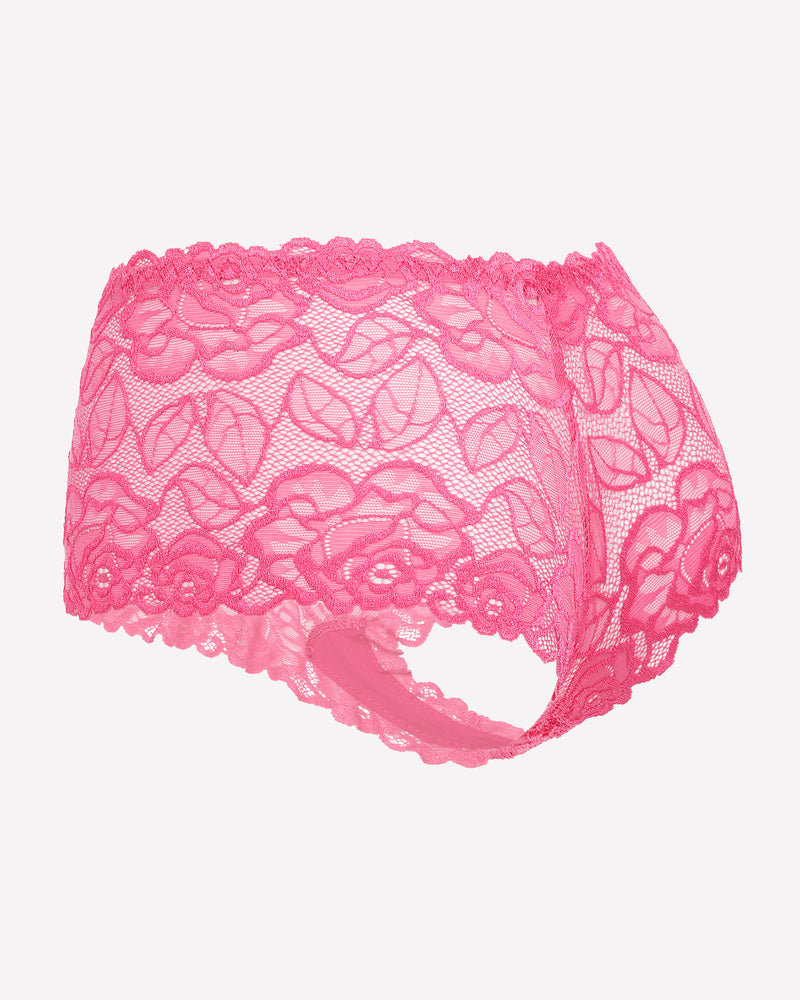 Bright pink floral lace mid-rise panties with lace overlay and scalloped hem