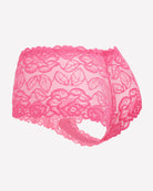 Bright pink floral lace mid-rise panties with lace overlay and scalloped hem