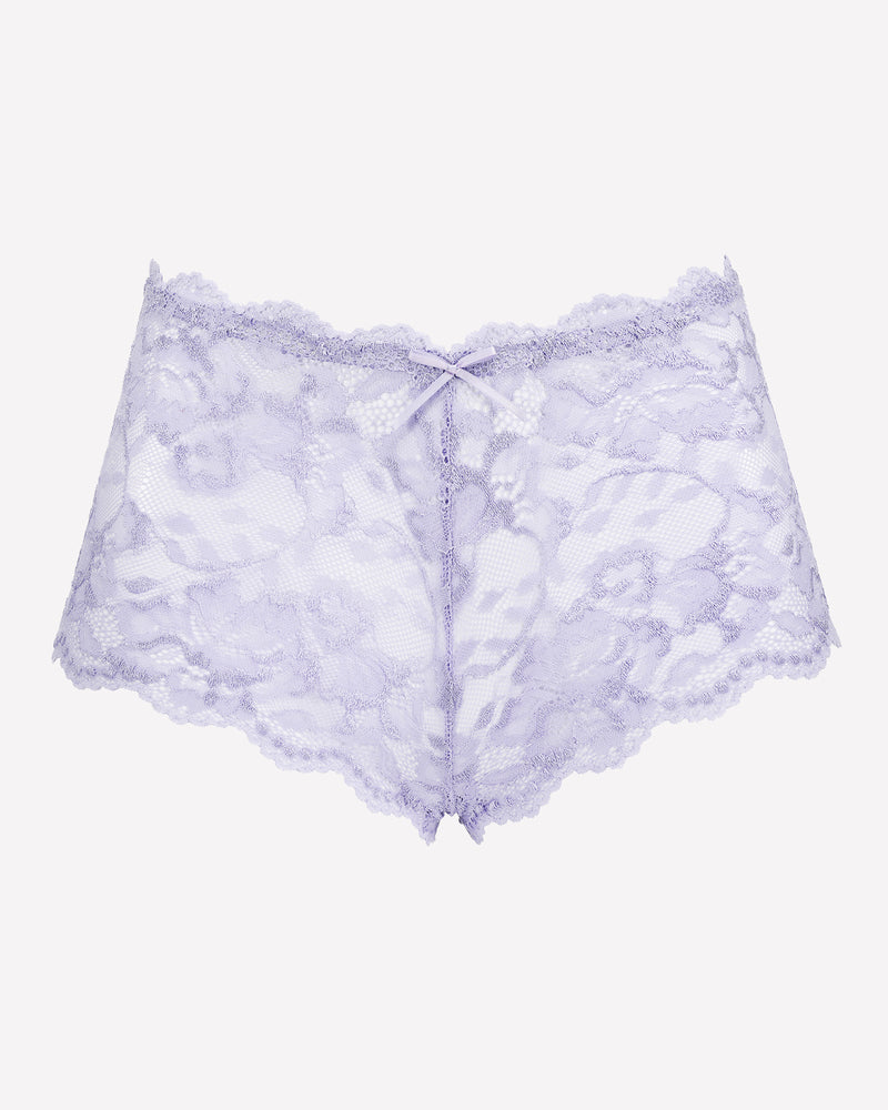 Light lavender floral lace mid-rise panties with center bow and scalloped edges