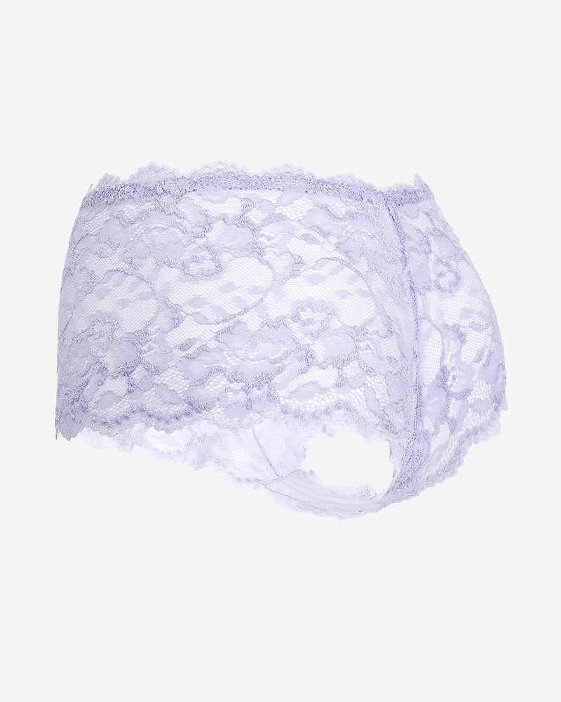 Mid-rise lace panties in light lilac, side view, scalloped lace edges.