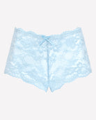 Mid-rise lace panties in light blue, bow front detail, scalloped trim.