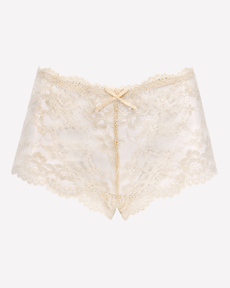 Mid-rise lace panties in champagne beige, bow front detail, scalloped edges.