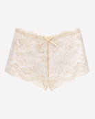 Mid-rise lace panties in champagne beige, bow front detail, scalloped edges.