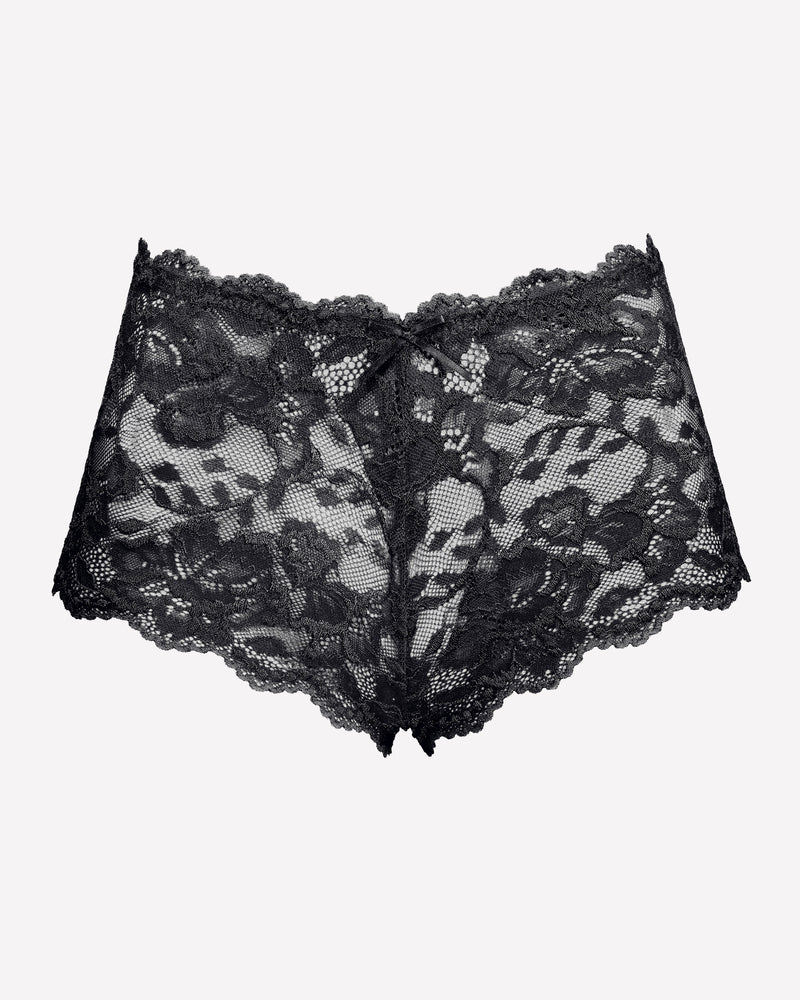 Mid-rise lace panties in black, floral lace pattern, scalloped trim, bow detail.