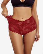 Mid-rise lace panties in deep red, scalloped lace trim, body view angle.