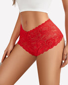 Mid-rise lace panties in bright red, floral lace, scalloped trim, front view.