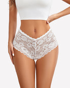 Mid-rise lace panties, white floral lace with scalloped edge and bow front