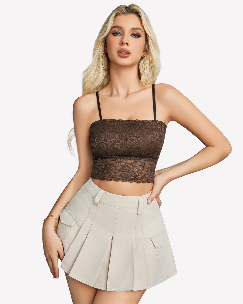 Lace tank top bralette, dark brown lace with spaghetti straps