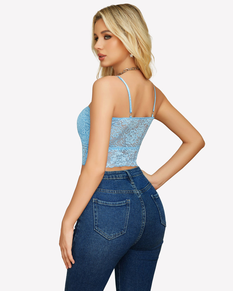 Light blue lace tube bralette with thin straps and lace panel detail, fitted