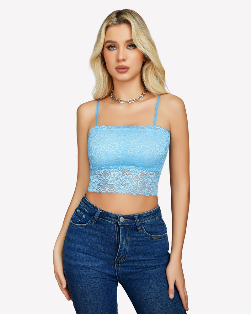 Light blue lace tank bralette with thin straps and scalloped lace trim, slim fit